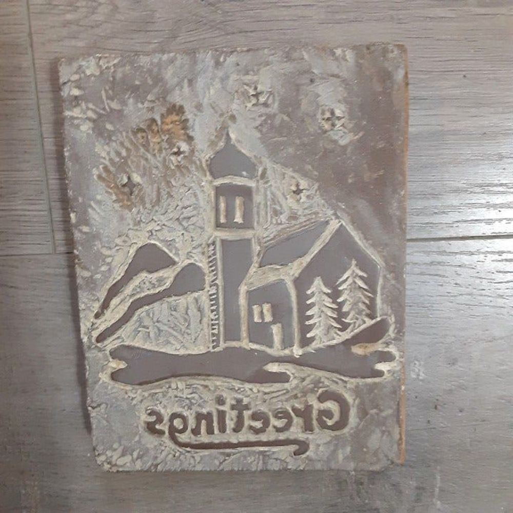 Hand Carved Wood Block Cards stamp Christmas Greetings 5X4 Rustic